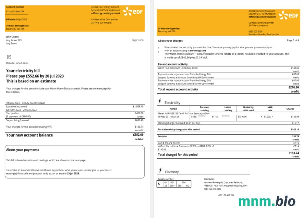 France EDF Energy rachunek za media Word i PDF template, 4 strony 1 2